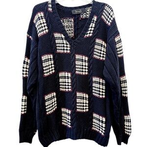 Vintage Pringle Blue Cotton Plaid Unique V Neck Pullover Sz L